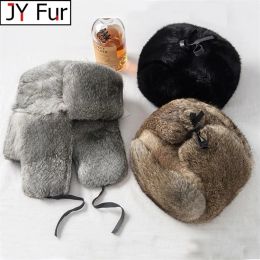 Chapeaux Trapper chapeaux lapin fur cap cap man hiver authentine 100% bomber chapeau windproof oreille chaude mâle plats greyblack russe fittet russe casquett