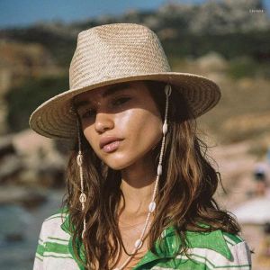 Hoeden brede rand hoeden vriginer vintage zeeschelpen kralen strand panama met ketting voor vrouwen mannen mode rietje geweven fedora zomer holidaty