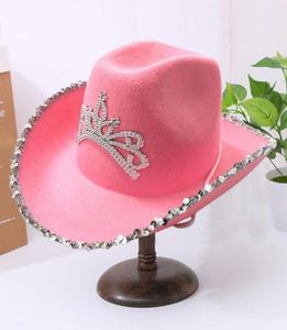 Chapeaux d'hiver pour femmes, couronne de Cowboy occidental, plumes, coiffure, paillettes, ourlet rose pour dames, décoration 7942057