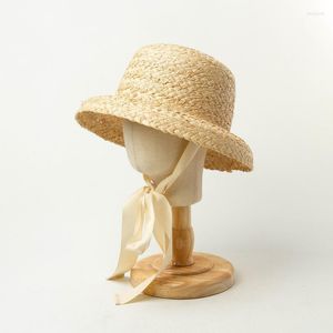 Chapeaux X239 enfants paille raphia chapeau de soleil tissé à la main Lafite rétro plat haut bord pliant pour garçons et filles casquette de voyage