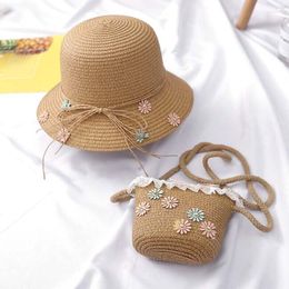 Sombreros XEONGKVI moda flor niños Sun Bud bolsas de seda traje verano playa paja para niña cubo gorras cabeza 51-52cm