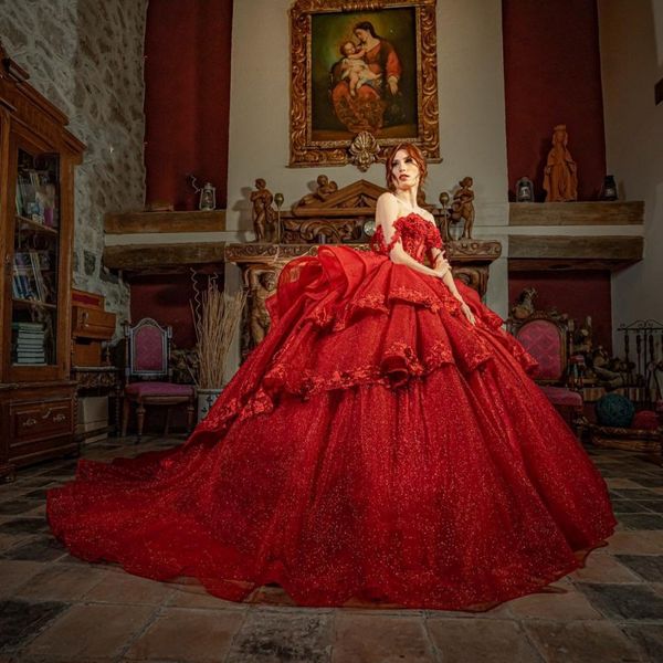 Haute Couture Burgunderrotes, glänzendes Quinceanera-Kleid 2024, Prinzessin, Geburtstagsparty, Kleid, Applikation, Spitze, Geschenk, langer Puffrock, formeller Festzug