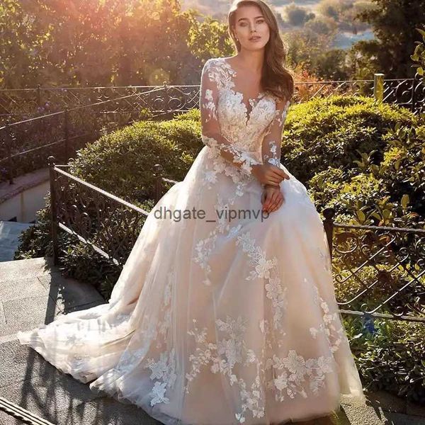 Alta costura de mangas largas vestidos de novia elegante trenes de barrido de encaje sexy encaje floral 3d talla grande vestidos de novia árabe sexy hermosa novia vestidos de novia 2024