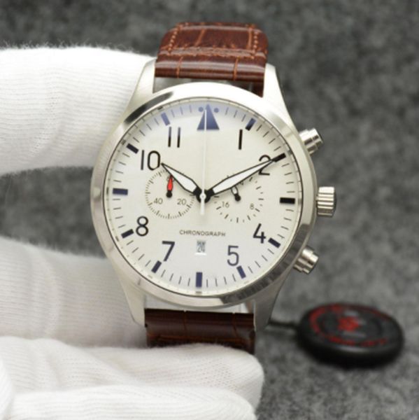Montre à piles à quartz pour hommes de haute qualité marque de luxe pilote cadran blanc bracelet en cuir chronographe design limité sport boîtier en argent montre-bracelet professionnelle