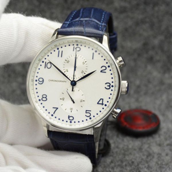 Montre à batterie à quartz pour hommes de haute qualité marque de luxe pilote cadran blanc bracelet en cuir bleu chronographe design limité sport boîtier en argent montre-bracelet professionnelle