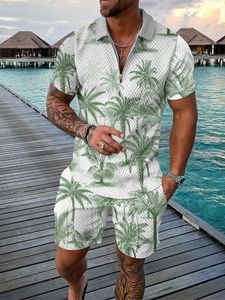 Hawaii 2 stks stelt 3D Coconut Tree Print Zipper Polo shirt shirtshorts met korte mouwen casual mode zipup unisex 2 stks sweatshirt 240430