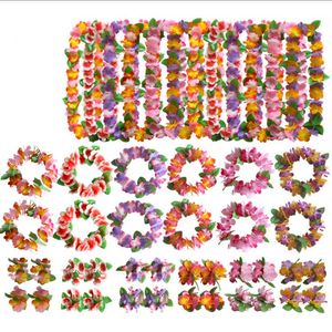 Hawaii 4pcs ensemble fleur hawaïenne casque Leis collier bracelets bandeau ensemble enfants adultes Luau fête décoration fournitures coloré