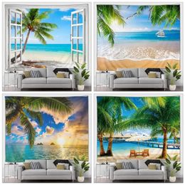 Hawaii plage paysage tapisserie dessin animé Santa océan mer palmier voilier automne hiver forêt paysage tenture murale décor à la maison 240113