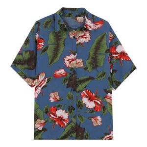 Hawaii bleu rose imprimé fleuri fleur col rabattu chemise à manches courtes femmes bouton été B0099 210514