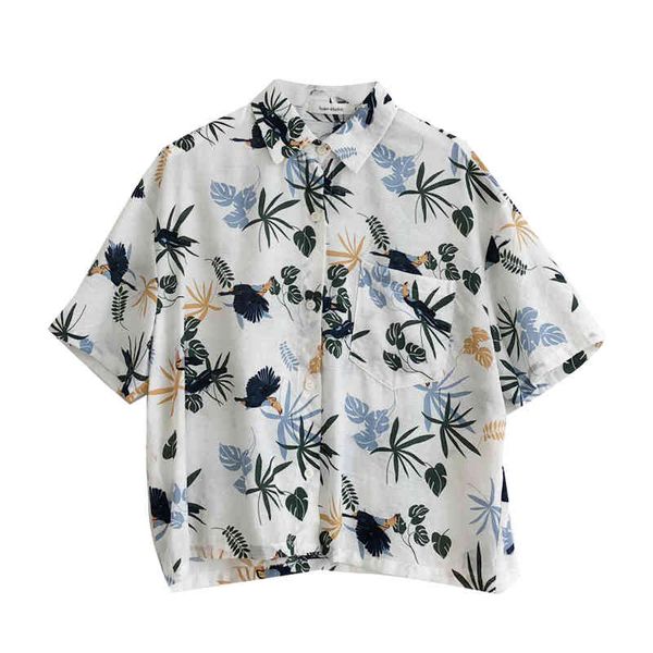 Hawaii White Bird Estampado floral Turn Down Collar Botón Camisa Manga corta Verano Casual Playa Mujeres B0155 210514