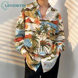 Hawaiiaanse strandoverhemden Harajuku Vintage veelzijdige kokosnootprint Lange mouw Aloha Party Holiday Shirt Men Casual Button Down Tops 240506