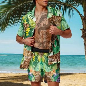 Hawaiian Cardigan 2pcs Sets Summer 3D Luipaard Afdrukken Korte mouw Button Shirt Shirt Shirt Short Shorts Holiday Mens Daily Two Piece Suit 240510