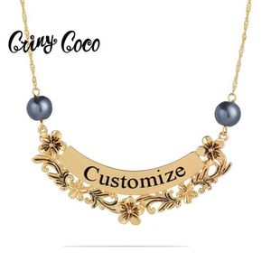 Collar de flores hawaianas nombre personalizado gargantilla de cadena de Color dorado perla negra collares colgantes de letras personalizados para mujeres amigas