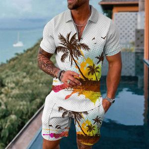 Ensemble polo hawaïen pour hommes, chemise à revers, fermeture éclair, pantalon court, tenue de plage d'été 2 pièces, cocotier imprimé en 3D, costume décontracté surdimensionné