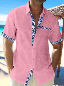 Chemise en lin hawaïenne pour hommes chemise en dentelle décontractée imprimé poche de plage manches courtes veste surdimensionnée 5 couleurs mode d'été 2023