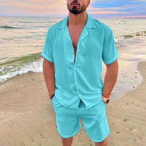 Hawaiiaanse heren zomer polokraag katoen linnen tweedelige set effen shirt met korte mouwen shorts mode pak 240320