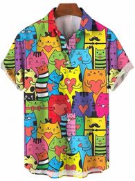 Hawaiian Oversized Heren Shirt Carto Kat Vogel Patroon Bloemenprint Sociale Mannen Graffiti Kleding Vintage Harajuku Nieuwe Zomer H8XR #