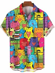 Camisa hawaiana de gran tamaño para hombre Carto Cat Bird Pattern Estampado floral Hombres sociales Graffiti Ropa Vintage Harajuku Nuevo verano H8XR #