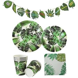 Hawaiian Party Decor Palm Feuilles Banner Banner Papier Plaques Coupe Napkins Table Vérification jetable Ensemble Summer Tropical Party Fournitures