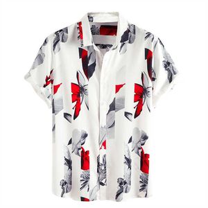 Camisa Havaiana Masculina Íris Pintura com Tinta Flor Estampada Gola Turn Down Casual Manga Curta Camisas de Praia Camisa Hawaiana Hombre 210527