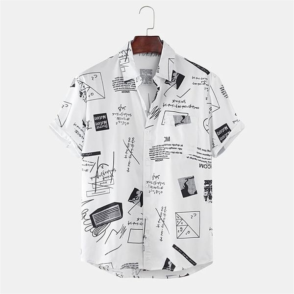 Camisas hawaianas para hombre divertido abstracto dibujos animados eslogan pecho bolsillo manga corta verano playa blusa Tops Chemise Homme 210721
