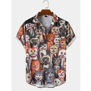 Hawaiian Shirts Mens Halloween Allover Grappige Cat Print Casual Korte Mouw Mannen Zomer Strand Blouse Tops Chemise Homme 210626