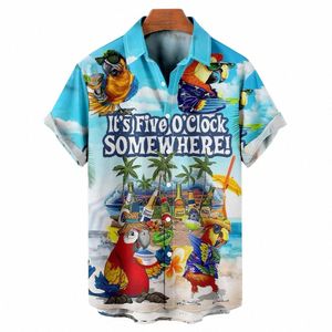 T-shirt hawaïen Chemise pour hommes Imprimé perroquet Chemisier à manches courtes Été Plage Vacati Chemise pour hommes Fi Revers Vêtements pour hommes h5QC #