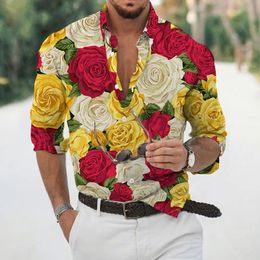 Camisa tropical hawaiana para hombre Camisa extragrande de manga larga con estampado de flores en 3D para vacaciones en la playa 240318