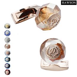 HAWSON Boutons de manchette en pierre ronde classique Boutons de manchette de marié de la marine Accessoires de bijoux de luxe pour hommes Cadeau de mariage avec emballage en boîte 240104