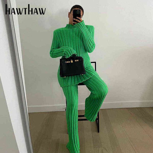 Hawthaw Femmes Automne à manches longues Tricoté Bull Sweater Green Pull Mini Robe Knitwear 2021 Vêtements d'automne Vente en gros articles Streetwear G1214
