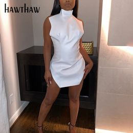 Hawthaw Femmes Automne Hiver Pu Cuir Moulante Dos Nu Blanc Femelle Paquet Hanche Mini Robe Courte 2021 Automne Vêtements Streetwear Y0118
