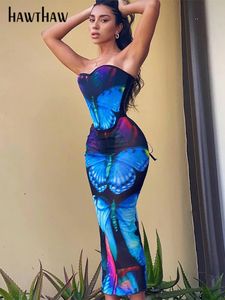 Hawthaw Dames Summer Butterfly Mesh Tube Tops Midi Rok Twee -delige sets Zie Outfits Groothandelsproducten voor Business 240410