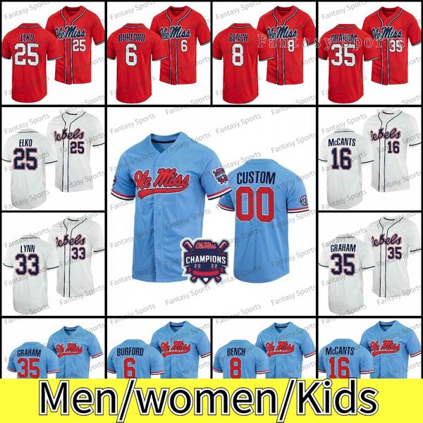 Hayden Dunhurst Ole Miss Baseball Champions maillots Kevin Graham Judd Utermark TJ McCANTS Ben Van Cleve Drew Mcdaniel Calvin Harris Justin Bench personnalisé hommes enfants