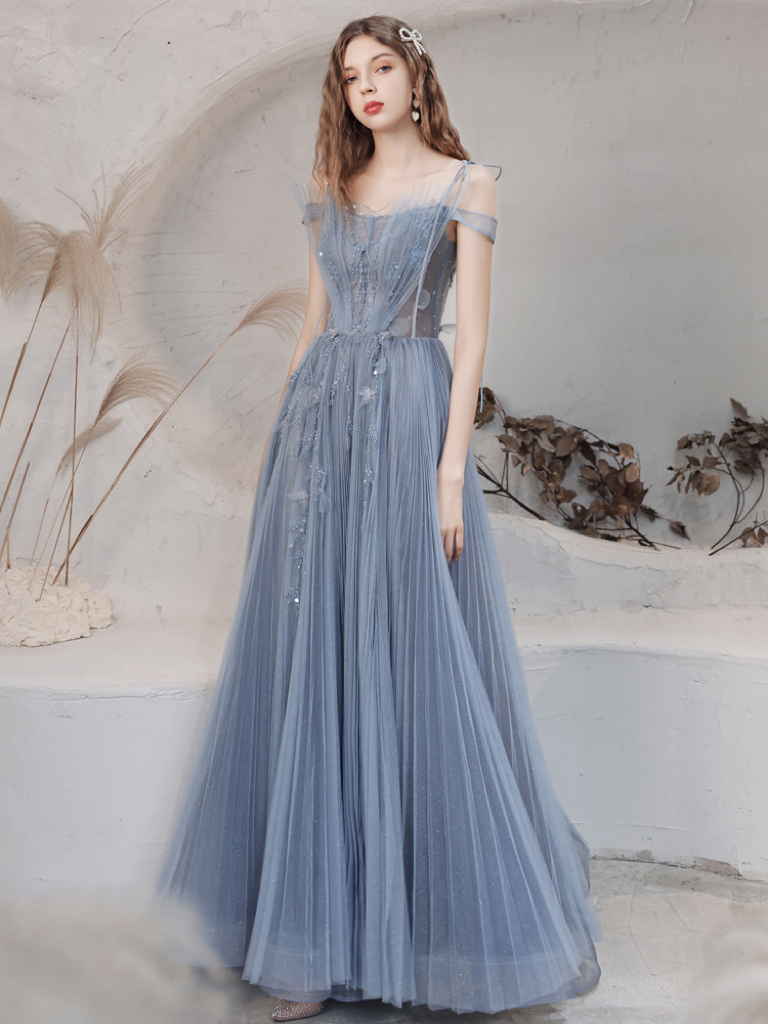 Haze Blue Robes De Cocktail Spaghetti Strap Off Épaule Paillettes A-ligne Longue Ruché Appliques À Lacets Banquet Robe De Soirée