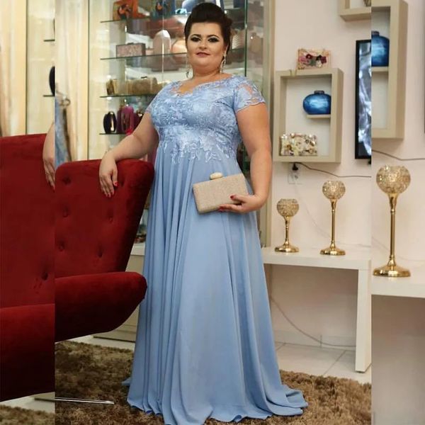 Haze bleu dentelle mère de la mariée robes élégantes pure bateau cou manches courtes robes de soirée une ligne en mousseline de soie grande taille robe d'invité de mariage