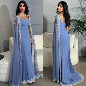 Haze Blue Moslim Avondjurken voor vrouwen pailletten Appliqued Square Neck Formele jurken Mermaid Satijn Arabische Dubai Formele jurk