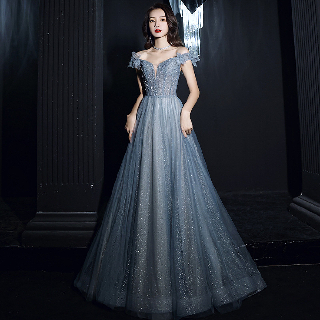 Haze Blue Prom Dresses Crystal Beading Applique Boat Neck Off Shoulder Tulle A-Line Banquet Lace Up Long Host Party Evening Gown