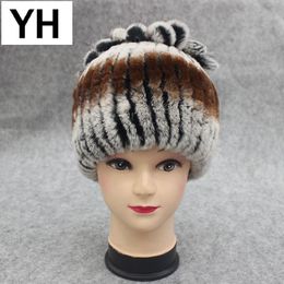 HBP Beanie/Skull Caps Vrouwen echte Rex Fur Hat Winter Beanies Cap gestreepte koptopbloem warm echt gebreid