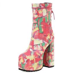 HBP Boot Autunno Inverno Donna Punta tonda Tacco alto Piattaforma spessa Ankel Moda Stampa Lace Up Festa di nozze Dres Scarpe Rosa 220805