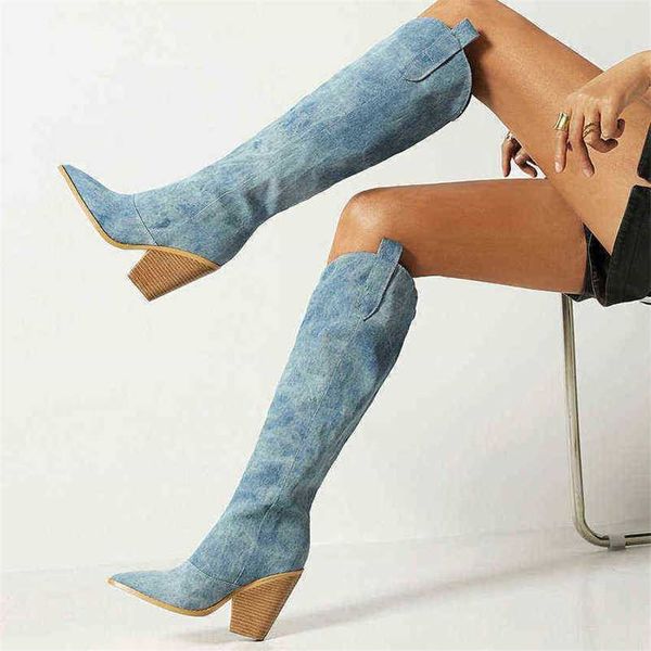 HBP Bottes Mode Denim Western Femmes Genou Haute Coins Talon Cowboy Slips sur Automne Hiver Femme Chaussures Grand 20805