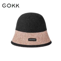 HBP COKK Wide Brim Winter Autumn Knitted Hats for Women Thick Warm Bucket Cap Fisherman Hat Gorro Color Matching Korean New P230327