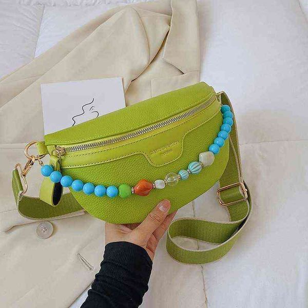 HBP Crossbody Bag Colorful Beaded Chain Waist s para mujer Pu Leather Fanny Pack Mujer elegante banda ancha en el pecho 220727