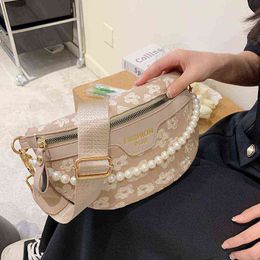 HBP Crossbody Bag Elegant Floral Canvas Taille for Women 2022 Stijlvolle Pearl Beads Packing Female Fanny Pack Wide Band Chest 220727