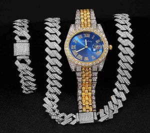 Collier HBP Hip Hop 16 mm 3 pièces Set Watch Watch à forfait Collier cubain Bling Crystal Aaa Ice Rhinestone Chain Jewelr7668188