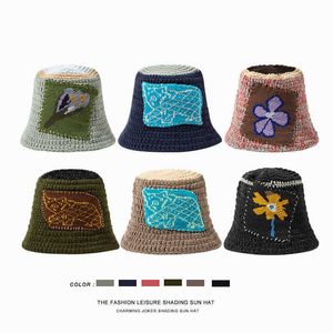 HBP Koreaanse brede rand hoeden vintage patchwork bucket herfst winterbloemen gebreide visser hoed vrouwen bohemia warm veelzijdige wol panama p230327