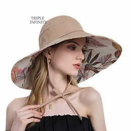 HBP -bladeren Patroon brede zomer emmer Buiten Zon Bescherming Cap Ademvol vissershoeden voor vrouwen opvouwbare wandelhoed Grote rand P230327