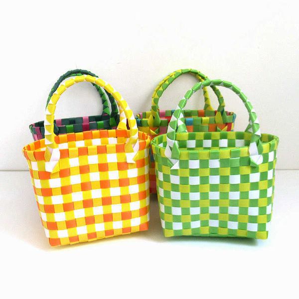 HBP nouveau sac tissé petit sac carré en plastique panier de légumes sac coloré petit panier Photo jumelé avec sac de plage sac pour femme