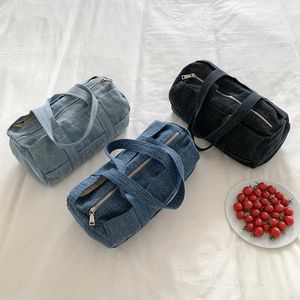 HBP Non-Marque Bleu Sac de Voyage de Grande Capacité Cylindre en Toile Légère Weekender en Plein Air en Tissu Denim Sport Gym pour Femmes