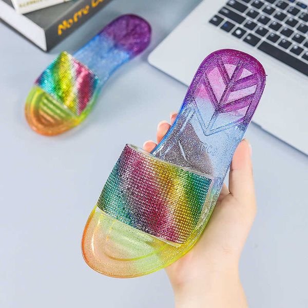 HBP Non-Brand Sandalias de Playa Planas para Mujer, Coloridas y baratas, Zapatillas, Chanclas Transparentes de Arco Iris, Zapatos de Jalea para Mujer, Diapositivas de Cristal con Diamantes