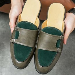 HBP Non-Brand Zapatos con Doble Correa de Monje, Pantuflas sin Cordones de Gamuza de Color Verde, cómodas Zapatillas de Cuero para Hombres, Medio Mocasines